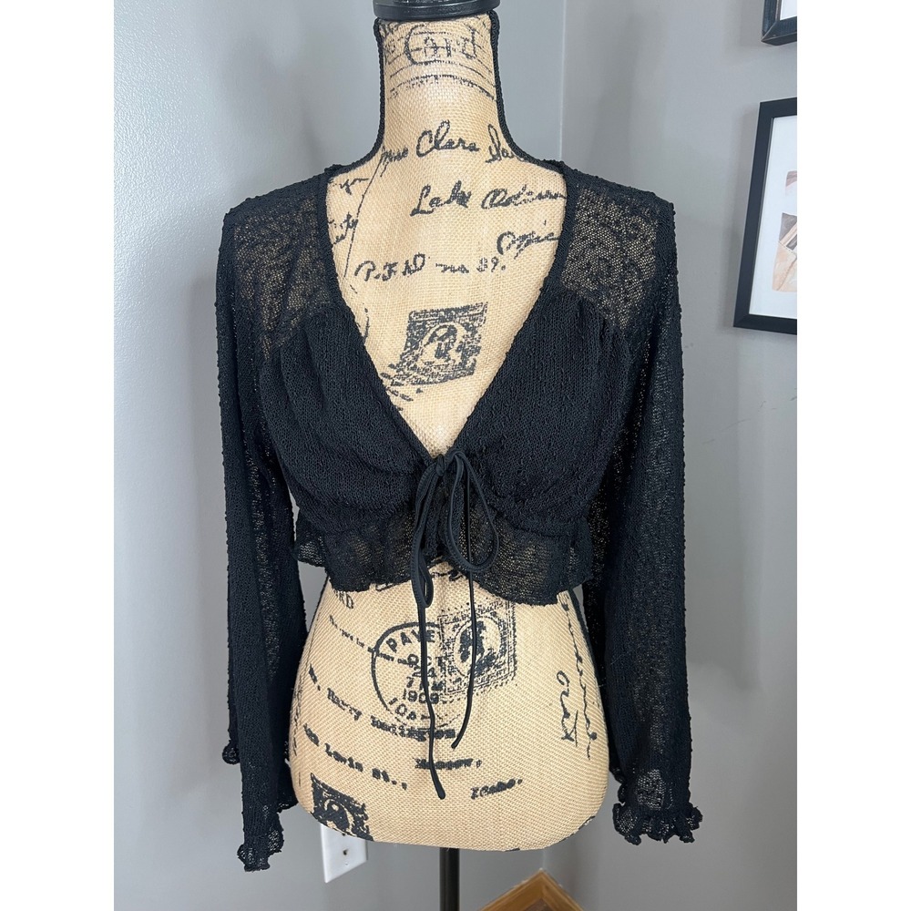 Urban Outfitters black tie front crop textured shirt small coquette x goth